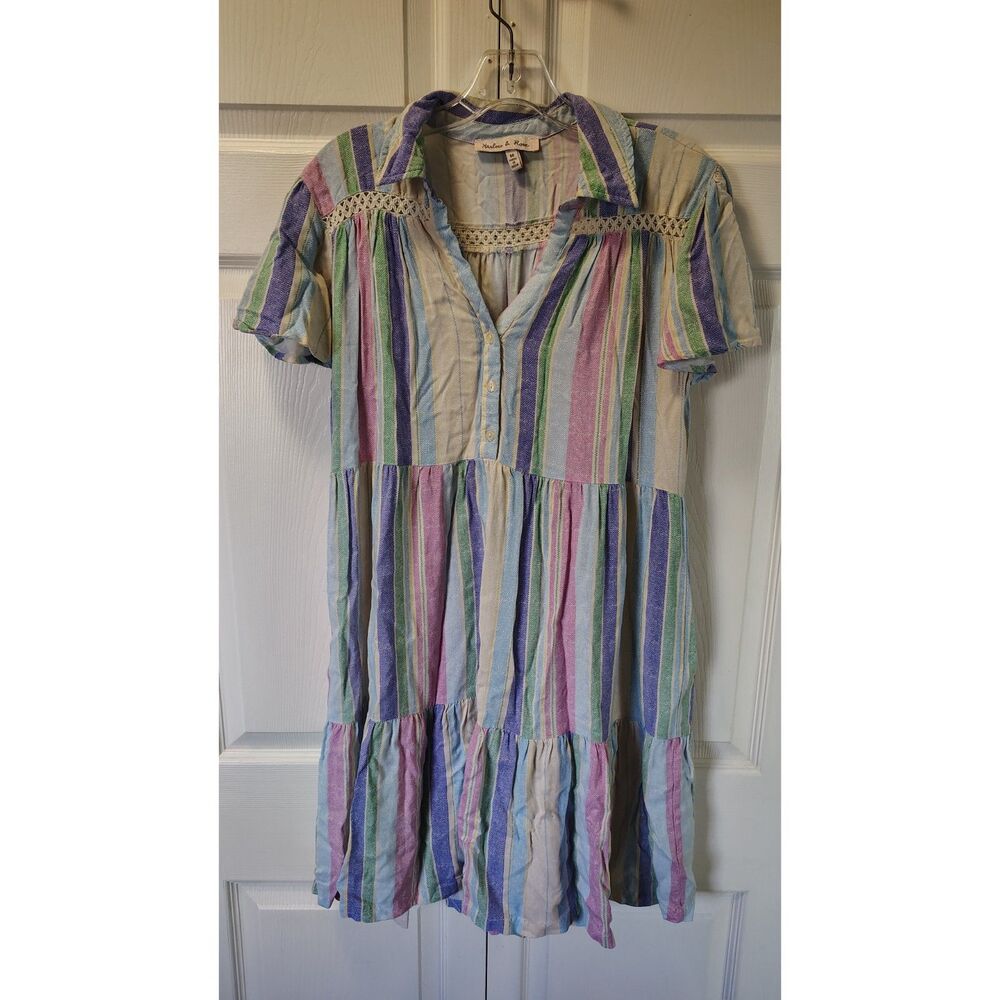 Harlow & Rose Pastel Striped Tiered Babydoll Dress Crochet Lace Accent Size M